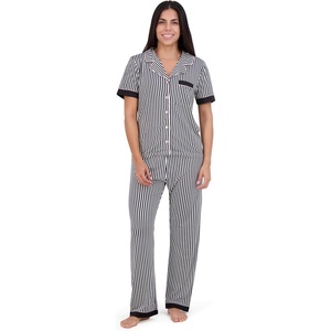 image:imageAerosoles Womens Notch Collar Cozy Pjs 2 Piece Cozy Comfy Lounge Soft Cotton Sleepwear Buttonup Pajama Set Skinny Stripe Large